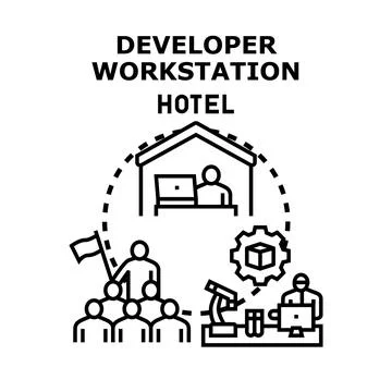 Developer workstation hotel offering software coding services Stock Illustration