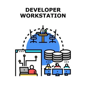 Developer workstation illustrating coding, programming, and data management 스톡 일러스트