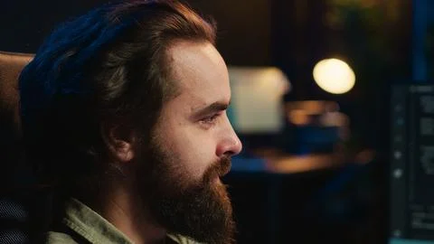 Developer worried by conscious artificial intelligence dooming humanity, closeup 스톡 사진