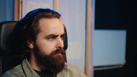 Developer worried by conscious artificial intelligence dooming humanity, closeup Stock Photos