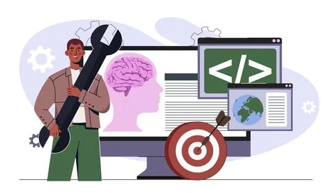 Developer with wrench and coding icons. Vector illustration 스톡 일러스트