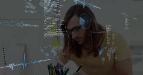 Developer writing in notebook in home office, with floating code lines, waveform Stock Footage 307436100
