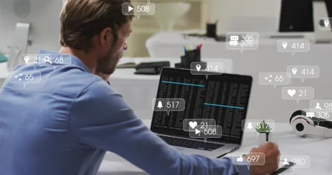Developer writing on tablet while reviewing code and analyzing animating social Stock Footage 318499164
