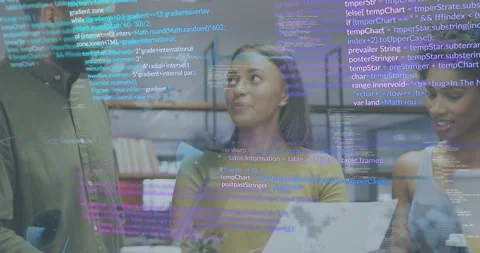 Developers aligning printout and laptop code for review in library overlaying Stock Footage 318063960