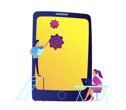 Developers and huge mobile phone with gears vector illustration. Stock Illustration