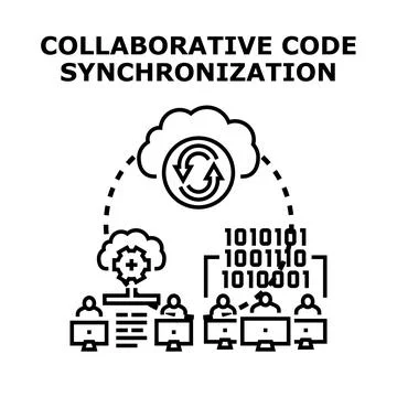 Developers collaborating on code synchronization using cloud platform Stockillustratie