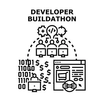 Developers collaborating on creating software during a buildathon Illustrazione stock