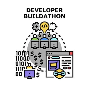 Developers collaborating on creating software during a buildathon Stock Illustration