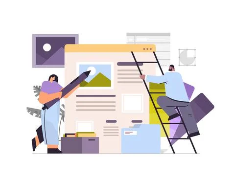 Developers couple creating website ui interface web application development Stock Illustration