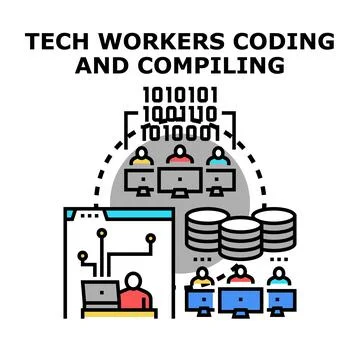 Developers creating software code and compiling data Illustration
