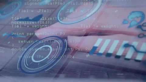 Developer's fingers tapping keyboard summoning HUD scrolling code and updating Stock Footage 334038219