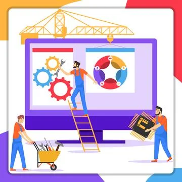 Developers. A group of developers are repairing a computer. Vector Stock Illustration