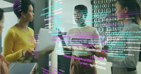 Developers initiating code discussion for debugging while animated code overlay Stock Footage 315594736
