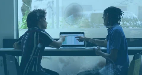 Developers pointing spreadsheet, tapping trackpad, analyzing data with animated Stock Footage 310419273