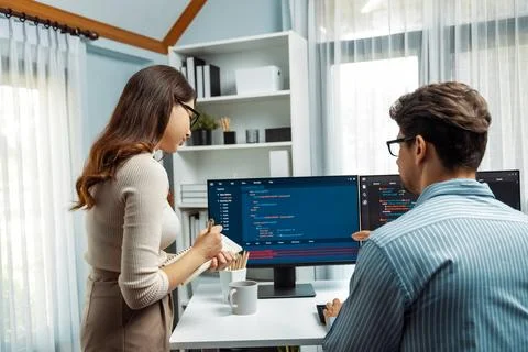 Developers program coding discussing website planning software. Postulate. Stock Photos