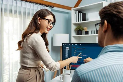 Developers program coding discussing website planning software. Postulate. Foto stock