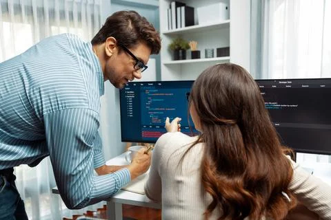 Developers program coding discussing website planning software. Postulate. Stockfoto's