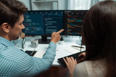 Developers program coding discussing website planning software. Postulate. Foto stock