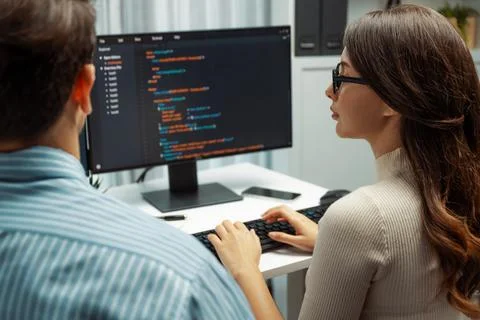 Developers program coding discussing website planning software. Postulate. Foto stock