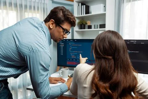 Developers program coding discussing website planning software. Postulate. Stock Photos