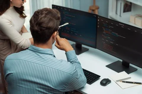 Developers program coding discussing website planning software. Postulate. 写真素材