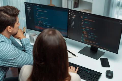 Developers program coding discussing website planning software. Postulate. Foto stock