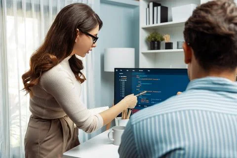 Developers program coding discussing website planning software. Postulate. Stock Photos