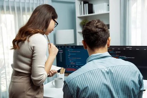 Developers program coding discussing website planning software. Postulate. 스톡 사진