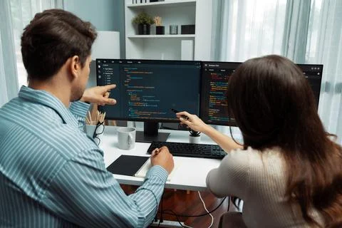 Developers program coding discussing website planning software. Postulate. Stock-Fotos