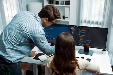 Developers program coding discussing website planning software. Postulate. 写真素材