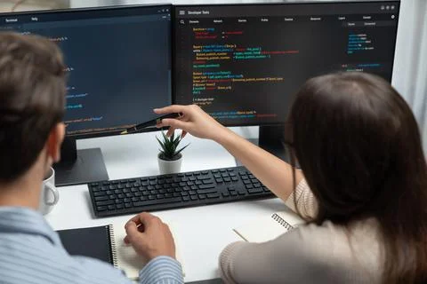Developers program coding discussing website planning software. Postulate. 库存照片