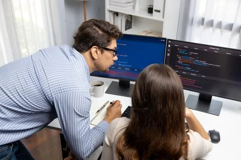 Developers program coding discussing website planning software. Postulate. Stock Photos