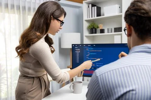 Developers program coding discussing website planning software. Postulate. Stock Photos