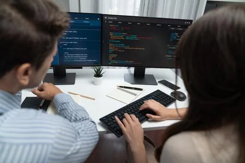 Developers program coding discussing website planning software. Postulate. Stock Photos