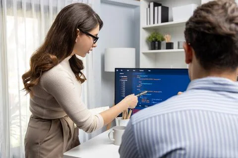 Developers program coding discussing website planning software. Postulate. Stock Photos