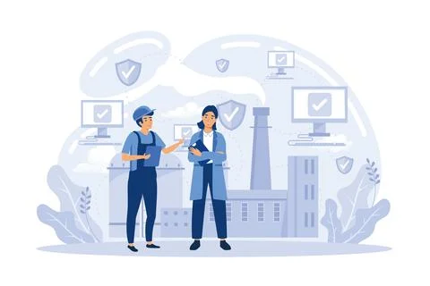 Developers, robot work at laptop with magnifier. Industrial cybersecurity, .. Stock Illustration