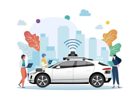 Developers with self driving car. Illustration
