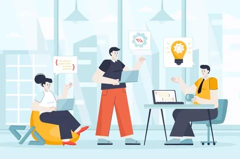 Developers team concept in flat design. Teamwork at office scene. Man and woman Stock Illustration