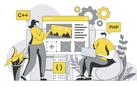 Developers team concept with outline people scene. Man and woman are developing Stock Illustration