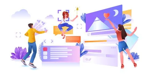 Developers team creating website ui interface web application development Stock Illustration