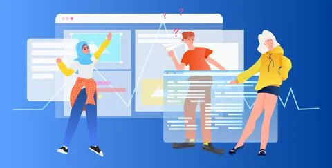 Developers team creating website ui interface web application development Stock Illustration