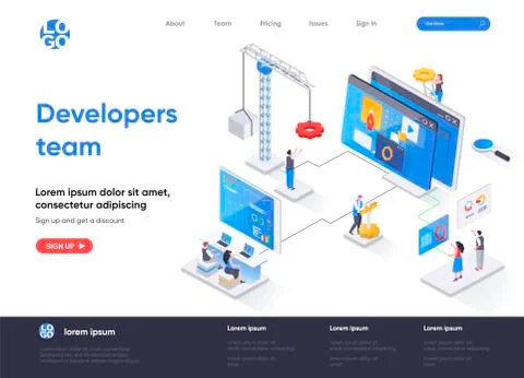 Developers team isometric landing page. Stock Illustration