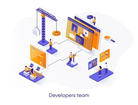 Developers team isometric web banner. Stock Illustration