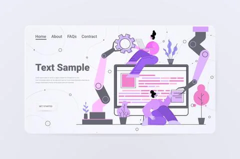 Developers team with robotic hands creating website ui web application Stock Illustration