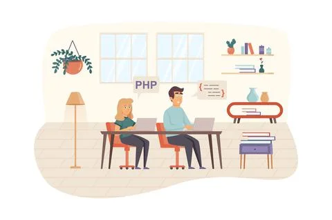 Developers team testing software in office scene. Man and woman works on lapt Stock Illustration