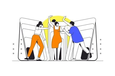 Developers team web concept in flat outline design with characters. Man and w Stock Illustration