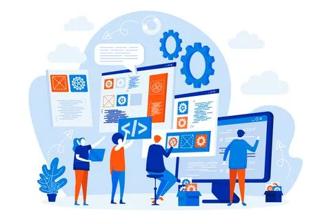 Developers team web design with people characters. Designers and developers t Stock Illustration