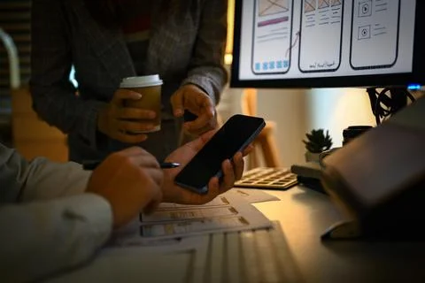 Developers team working on new website wireframe, planning application Stock Photos