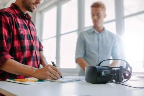 Developers testing virtual reality glasses 스톡 사진