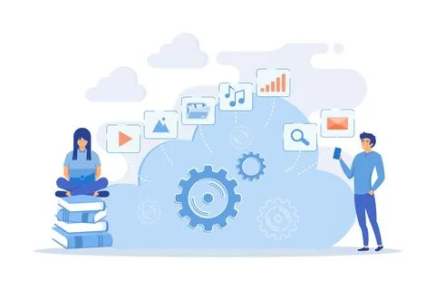 Developers using laptop and smartphone working with cloud data. Multimedia .. Stock Illustration